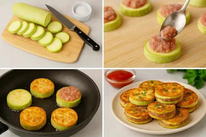 Етапи приготування смажених кабачків з фаршем — колаж