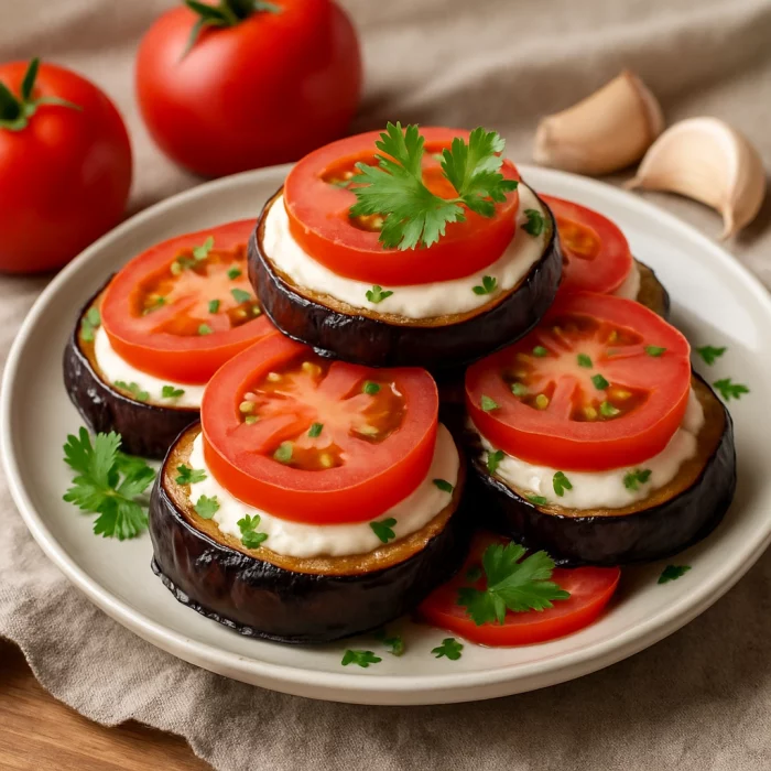 Смажені баклажани з майонезом, часником і помідорами на тарілці