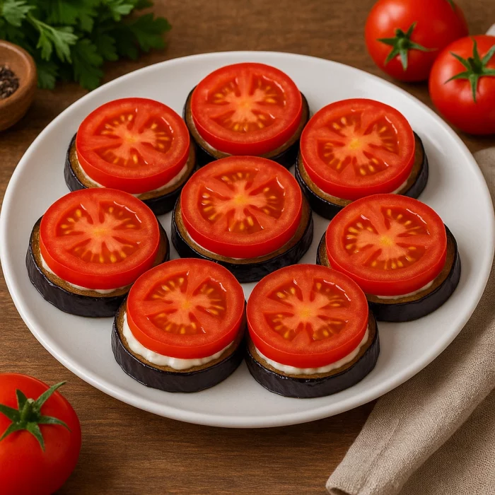 Подача смажених баклажанів з помідорами і майонезом