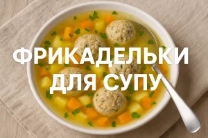 Обкладинка статті — фрикадельки в супі з написом «ФРИКАДЕЛЬКИ ДЛЯ СУПУ»