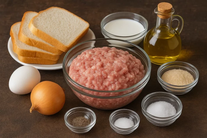 Інгредієнти для котлет зі свинини на дерев’яному столі