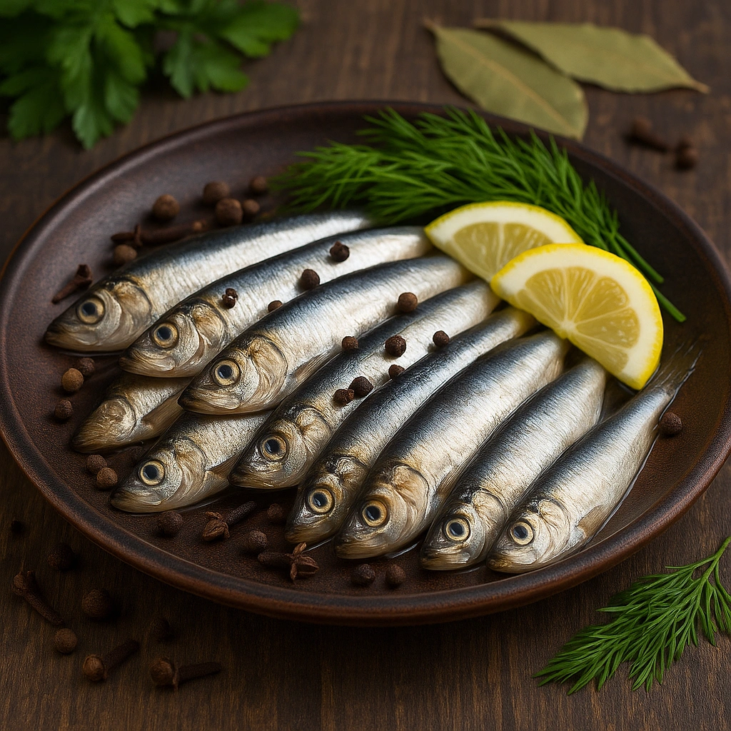 Кілька пряного посолу на тарілці з лимоном і зеленню