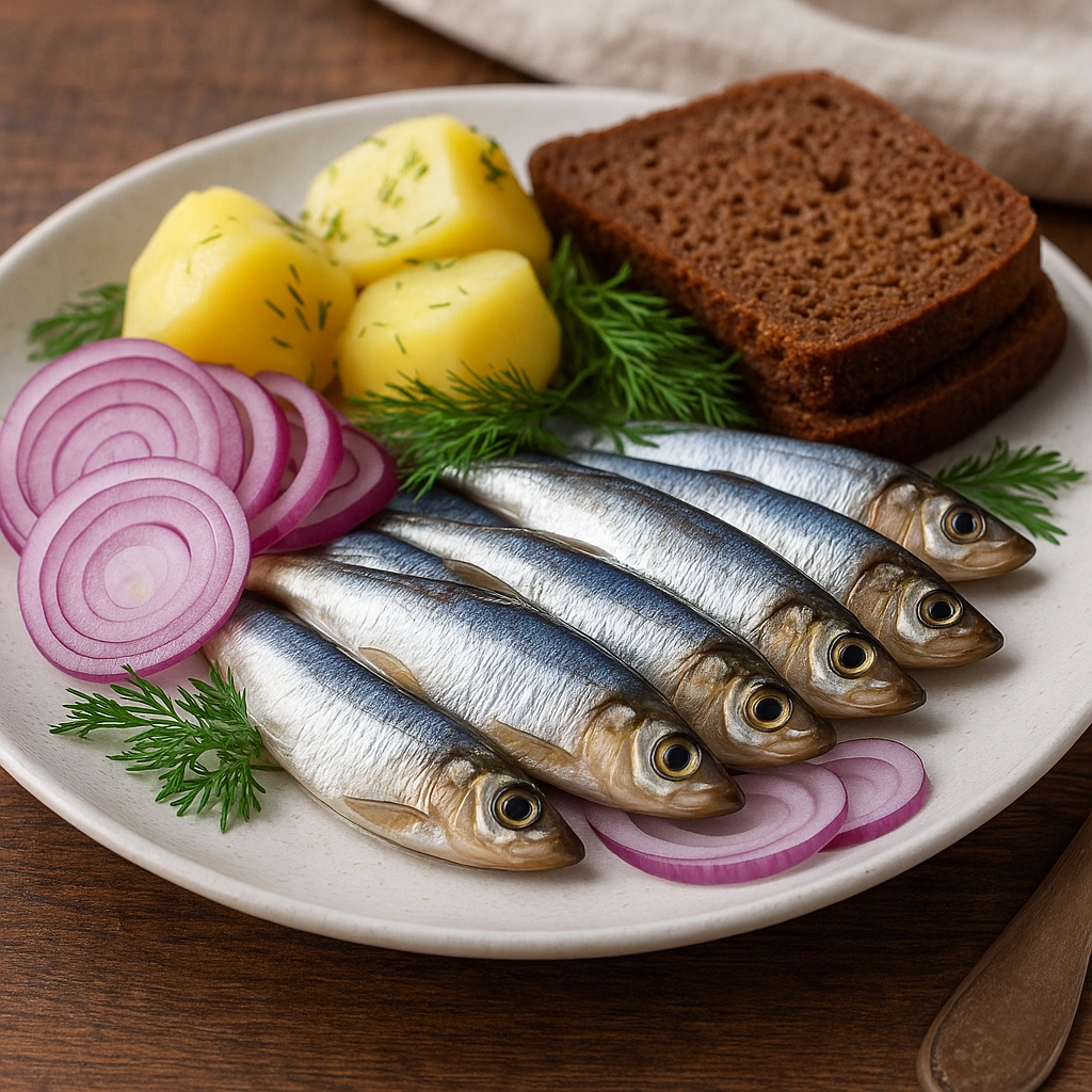 Подача кільки пряного посолу з картоплею, цибулею та хлібом