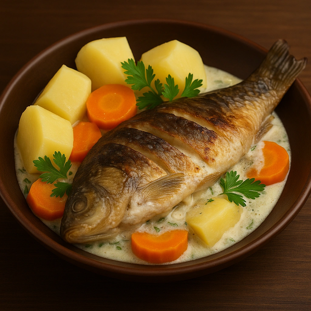 Подача коропа, запеченого у сметані з картоплею