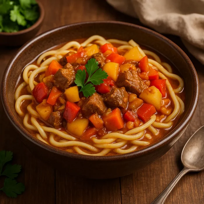 Лагман у мисці з м’ясом, локшиною та овочами