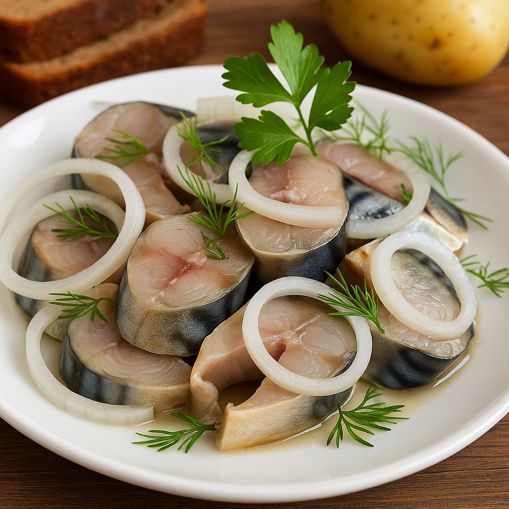 Маринована скумбрія шматочками з цибулею та зеленню