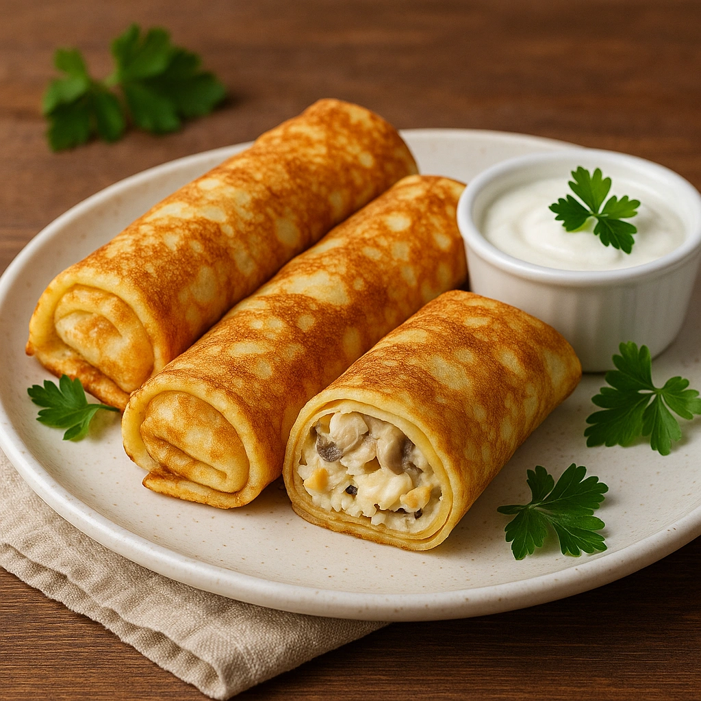 Млинці з куркою, сиром та грибами на тарілці