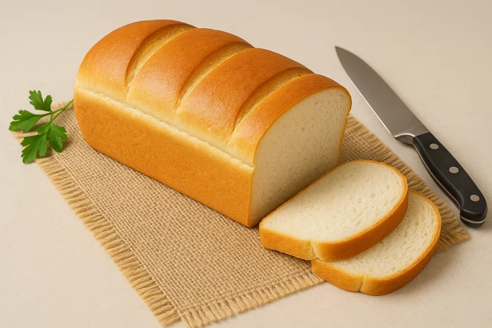 М’який білий батон з ніжною текстурою, нарізаний скибочками, ідеальний для сандвічів