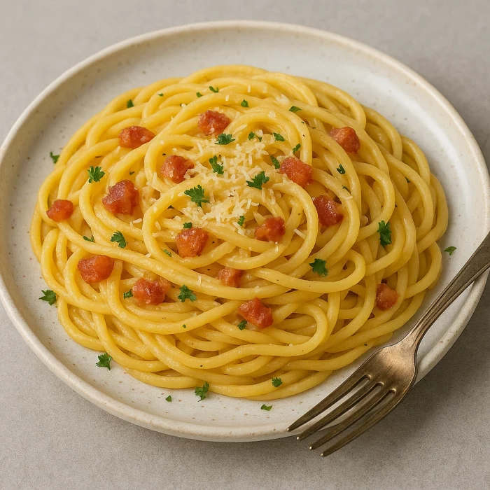 Паста Карбонара з пармезаном і зеленню