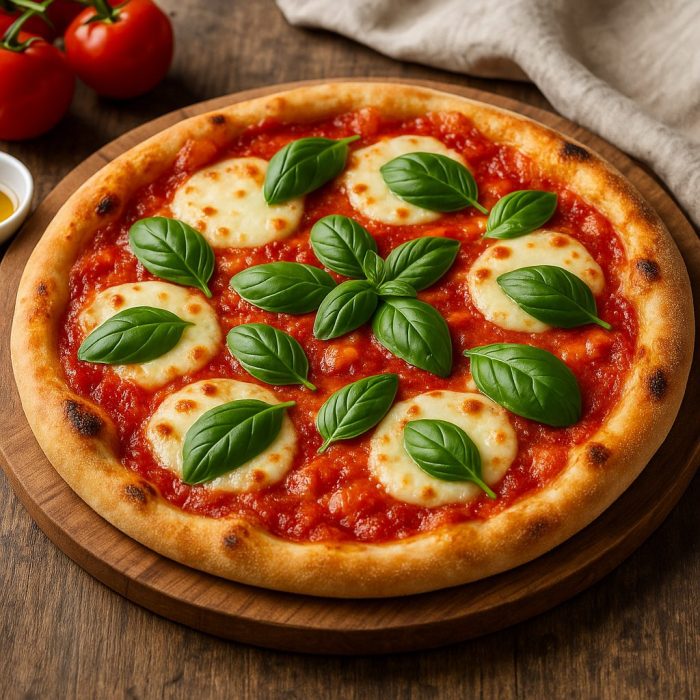 Піца Маргарита з моцарелою та базиліком на дерев’яній дошці