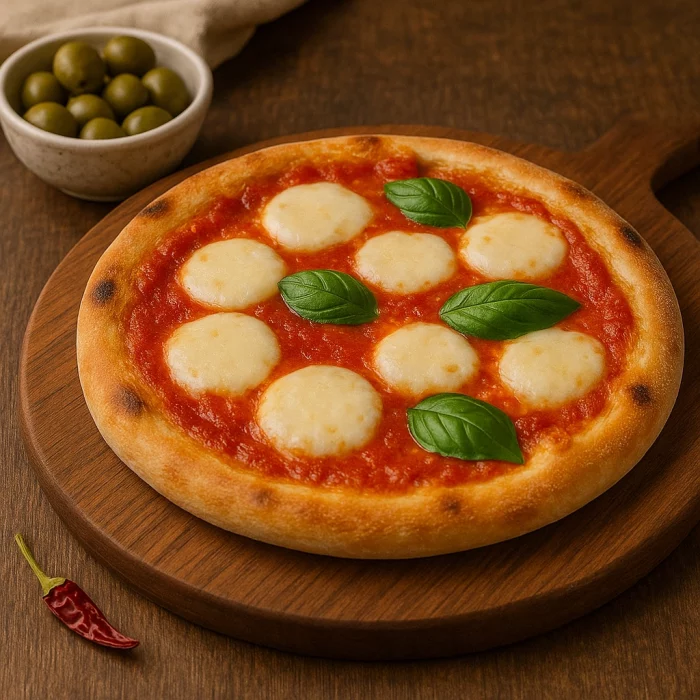 Піца Маргарита на дерев’яній дошці з оливками