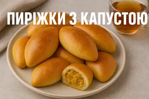 Рум’яні пиріжки з капустою, спечені в духовці, з написом «ПИРІЖКИ З КАПУСТОЮ»