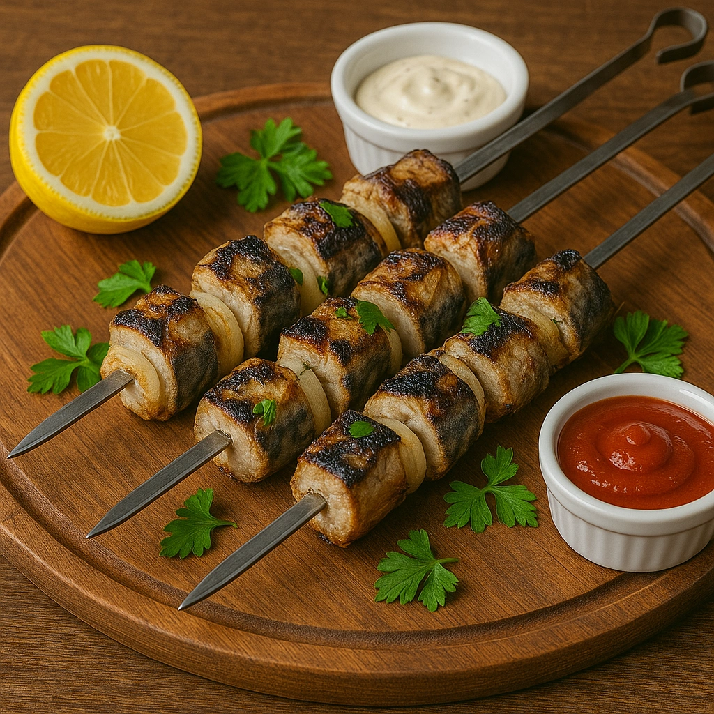 Подача шашлику зі скумбрії з лимоном, зеленню та соусами