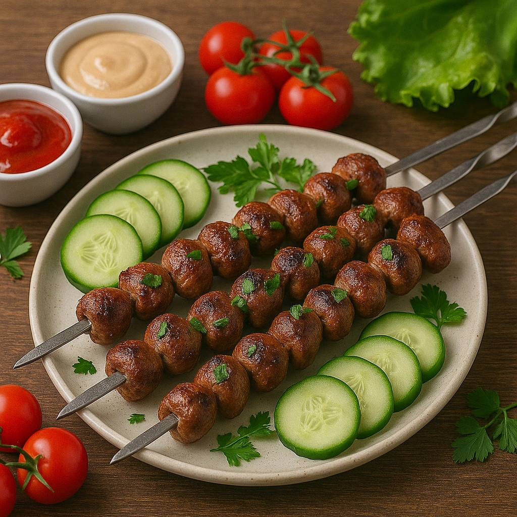 Подача шашлику з курячих сердечок із соусами та овочами