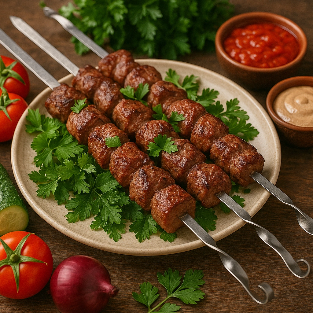 Подача шашлику з телятини з овочами та соусами