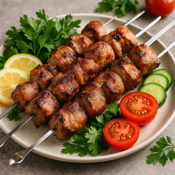 Соковитий шашлик зі свинини з овочами та зеленню