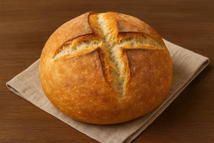 Ароматний білий хліб без замісу, з рум’яною скоринкою та пухкою м’якушкою