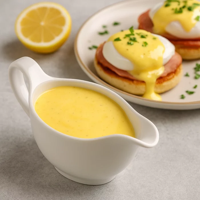 Соус Голландез у білому соуснику поруч із яйцями Бенедикт
