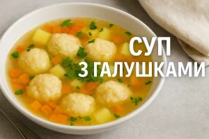 Обкладинка статті з апетитним супом із галушками та написом «СУП З ГАЛУШКАМИ»