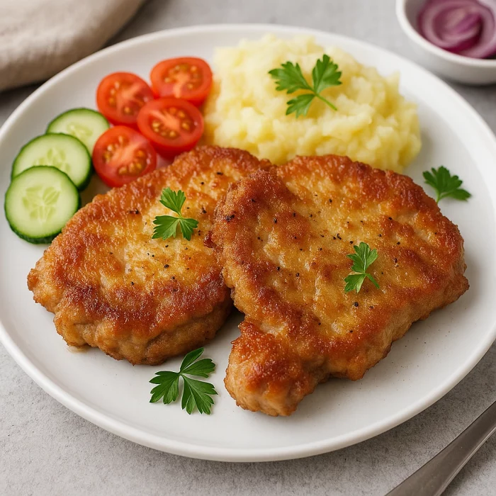 Свинячі відбивні на тарілці з картопляним пюре