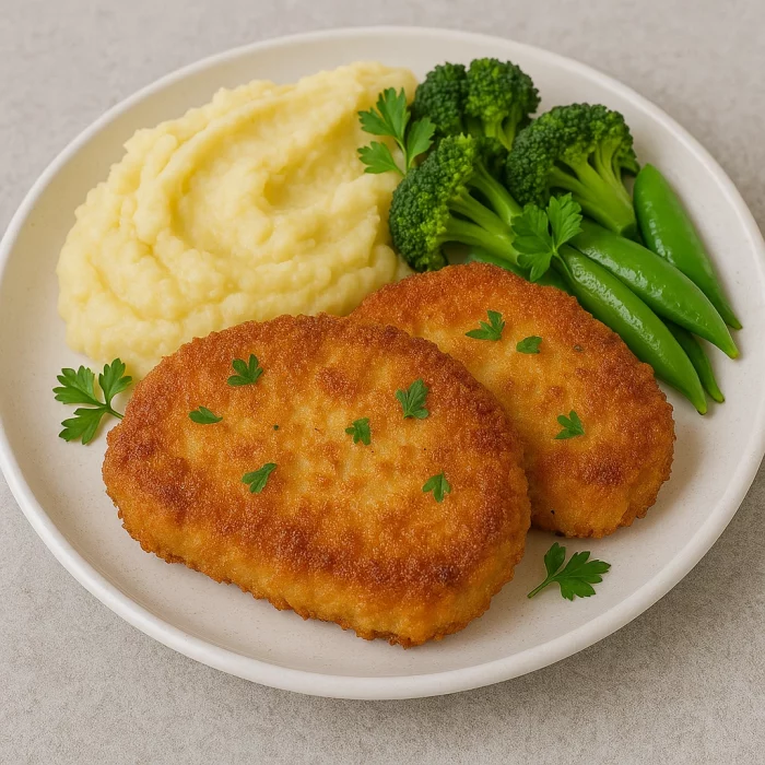 Свинячі відбивні з гарніром на тарілці