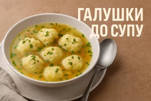 Обкладинка статті з апетитними галушками в супі та написом «ГАЛУШКИ ДО СУПУ»