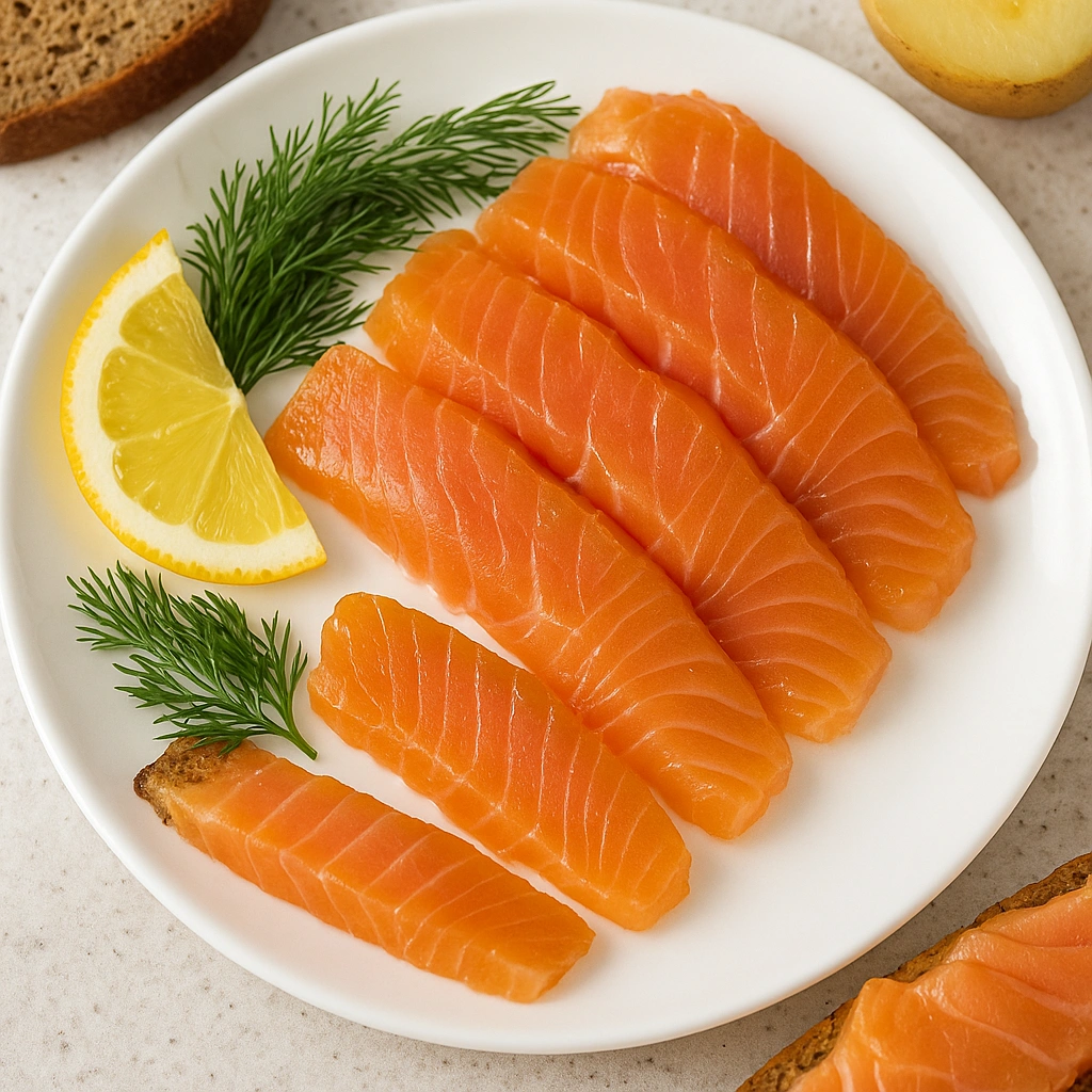 Подача солоної червоної риби з лимоном і зеленню