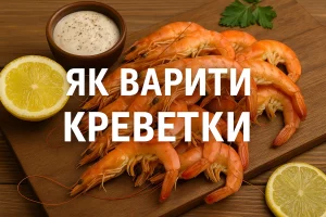 Креветки у тарілці з написом «ЯК ВАРИТИ КРЕВЕТКИ»