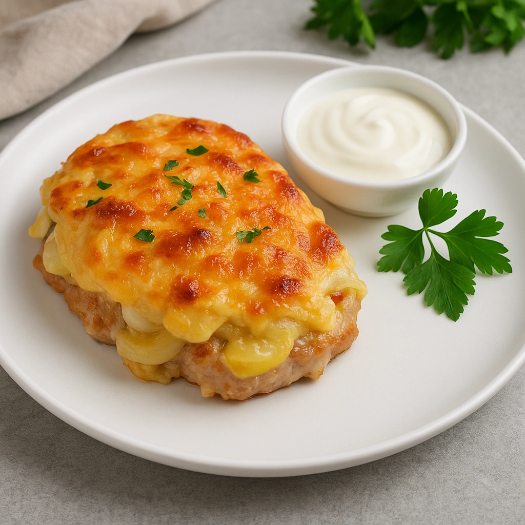 М’ясо по-французьки з картоплею та сиром на тарілці