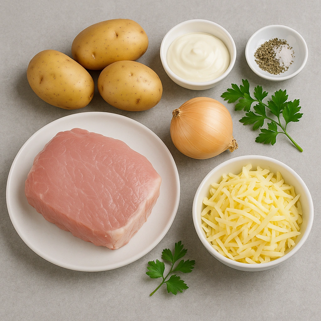 Інгредієнти для м’яса по-французьки — свинина, картопля, цибуля, сир