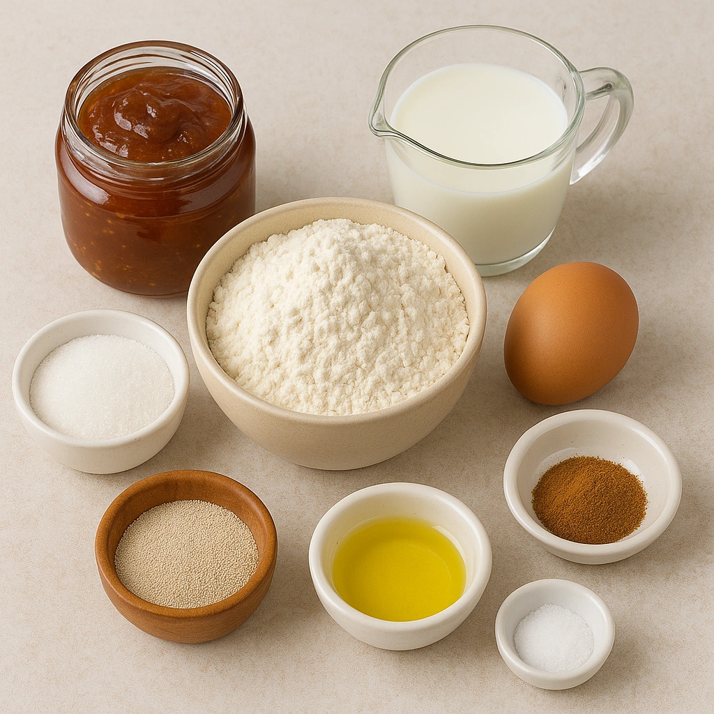 Інгредієнти для пиріжків з повидлом: борошно, молоко, яйце, дріжджі, олія, цукор, кориця, повидло