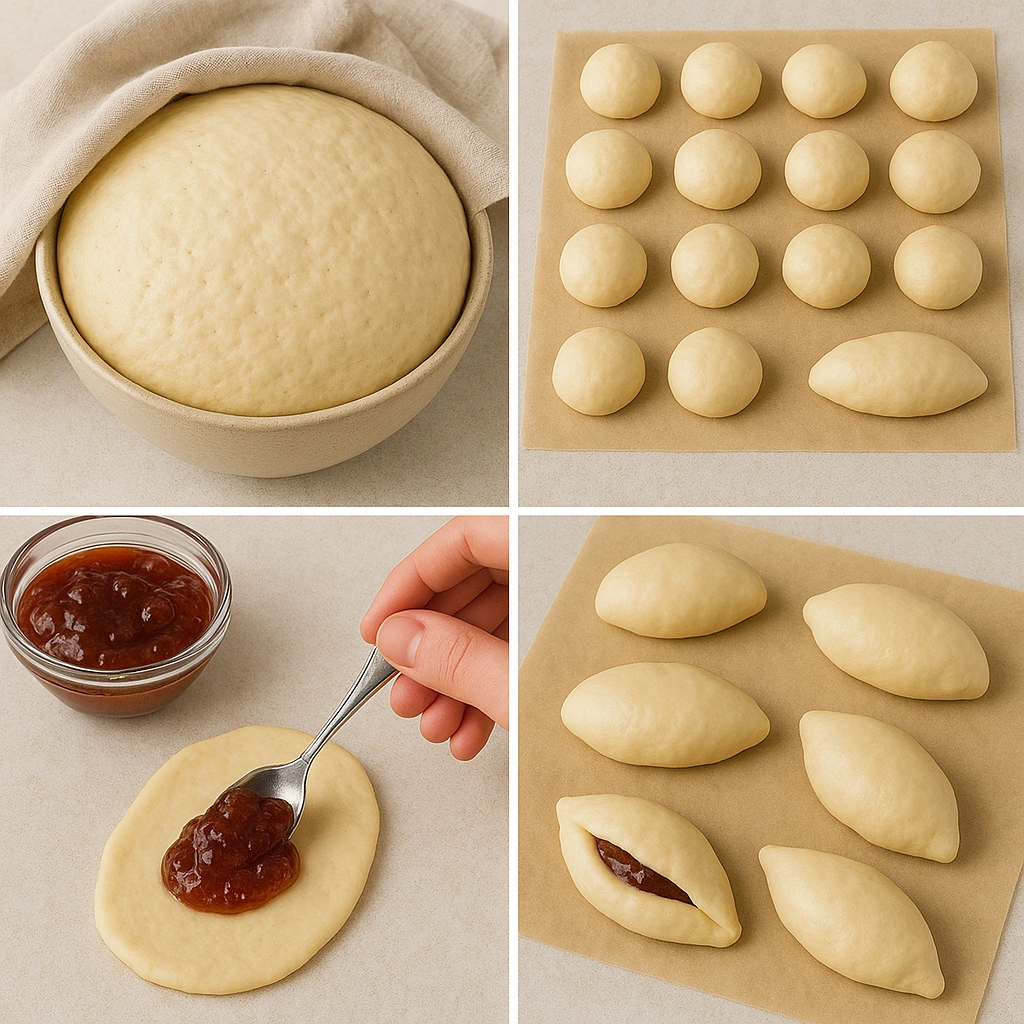 Етапи приготування пиріжків з повидлом: тісто, поділ, начинка, формування перед випіканням