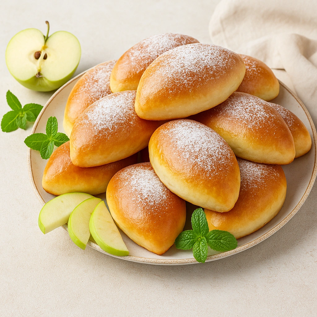 Подача пиріжків з повидлом на тарілці гіркою, з м’ятою та часточками яблук