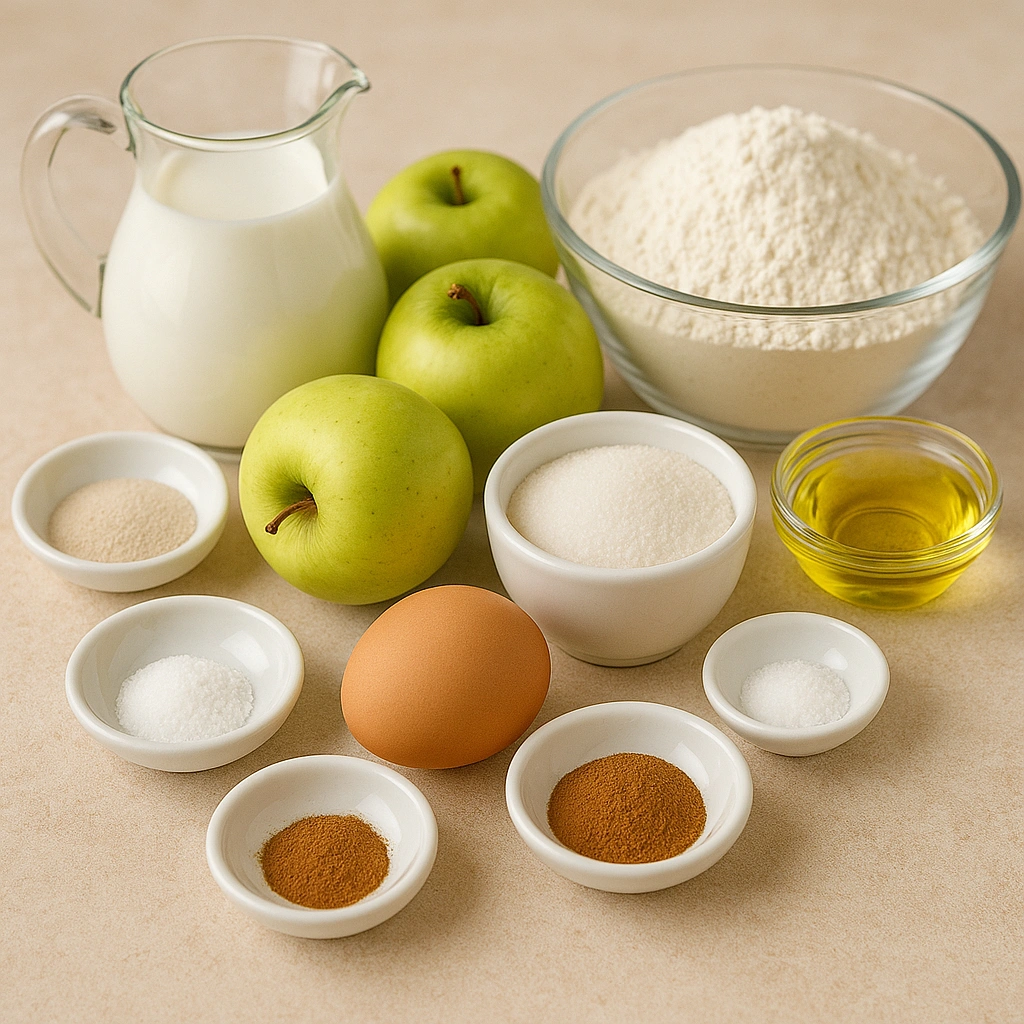 Інгредієнти для пиріжків з яблуками: борошно, молоко, яйце, яблука, цукор, дріжджі