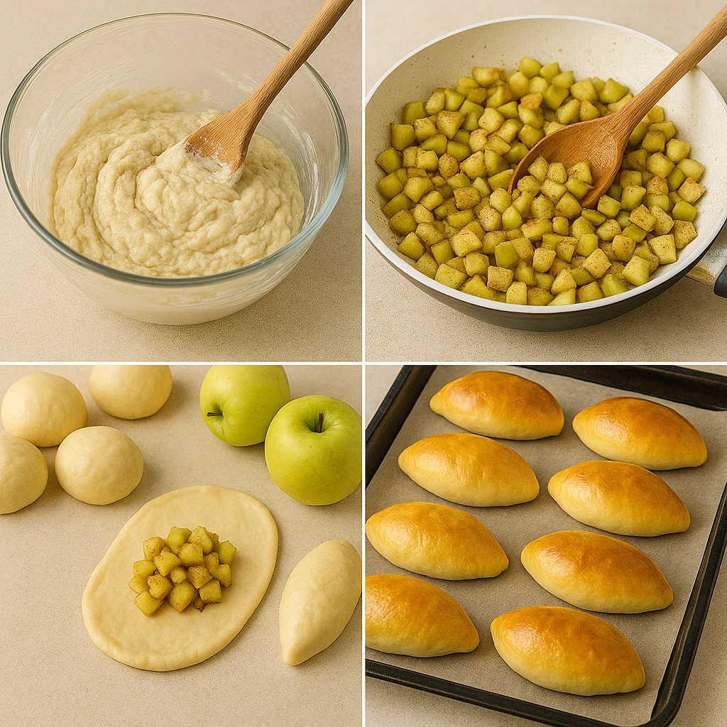 Етапи приготування пиріжків з яблуками: тісто, начинка, формування, випікання