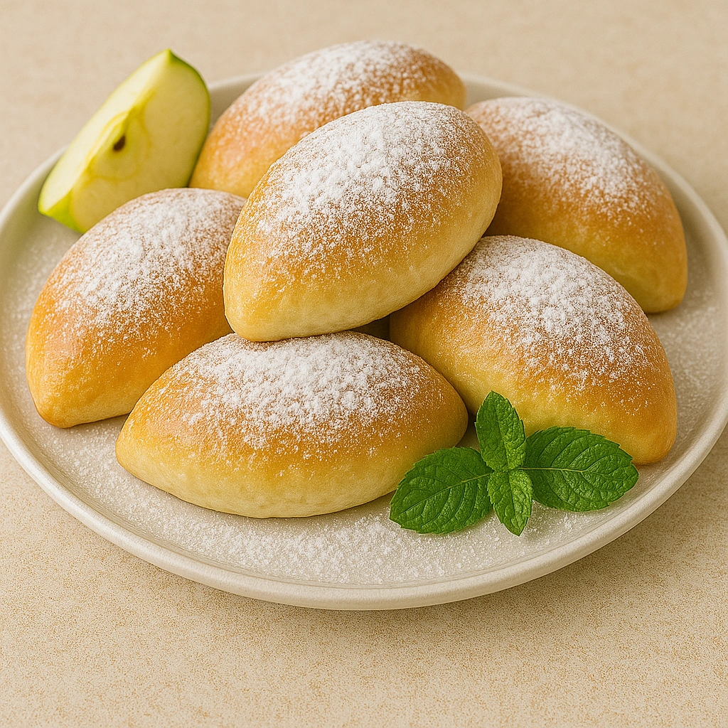 Готові пиріжки з яблуками на тарілці, присипані цукровою пудрою