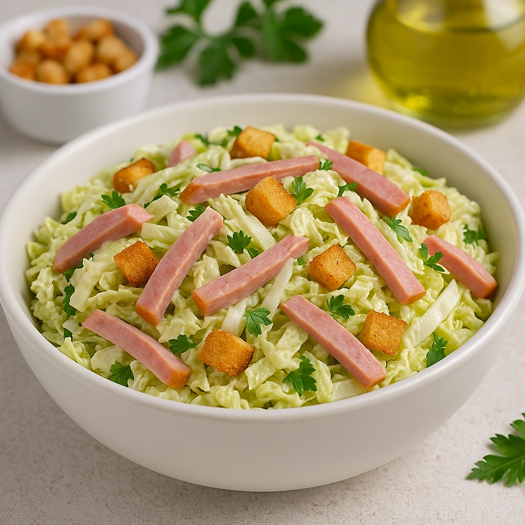 Салат з пекінської капусти з ковбасою та сухариками