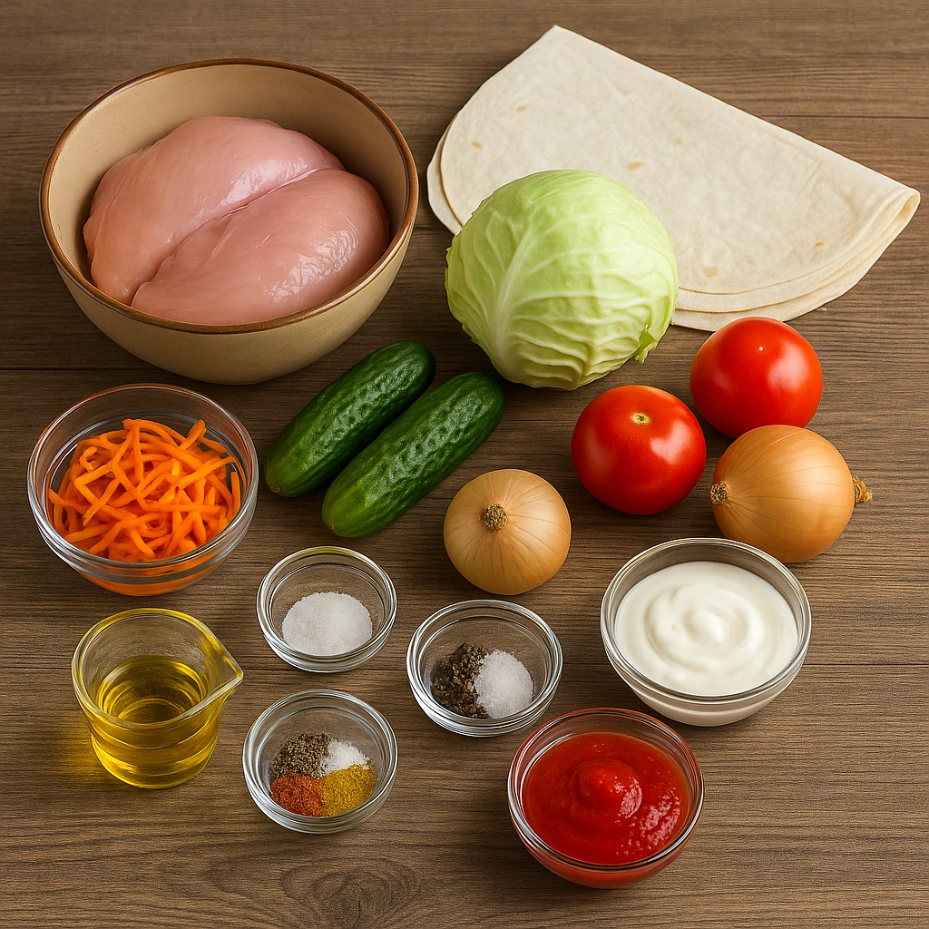 Інгредієнти для шаурми з куркою — куряче м’ясо, лаваш, овочі, спеції