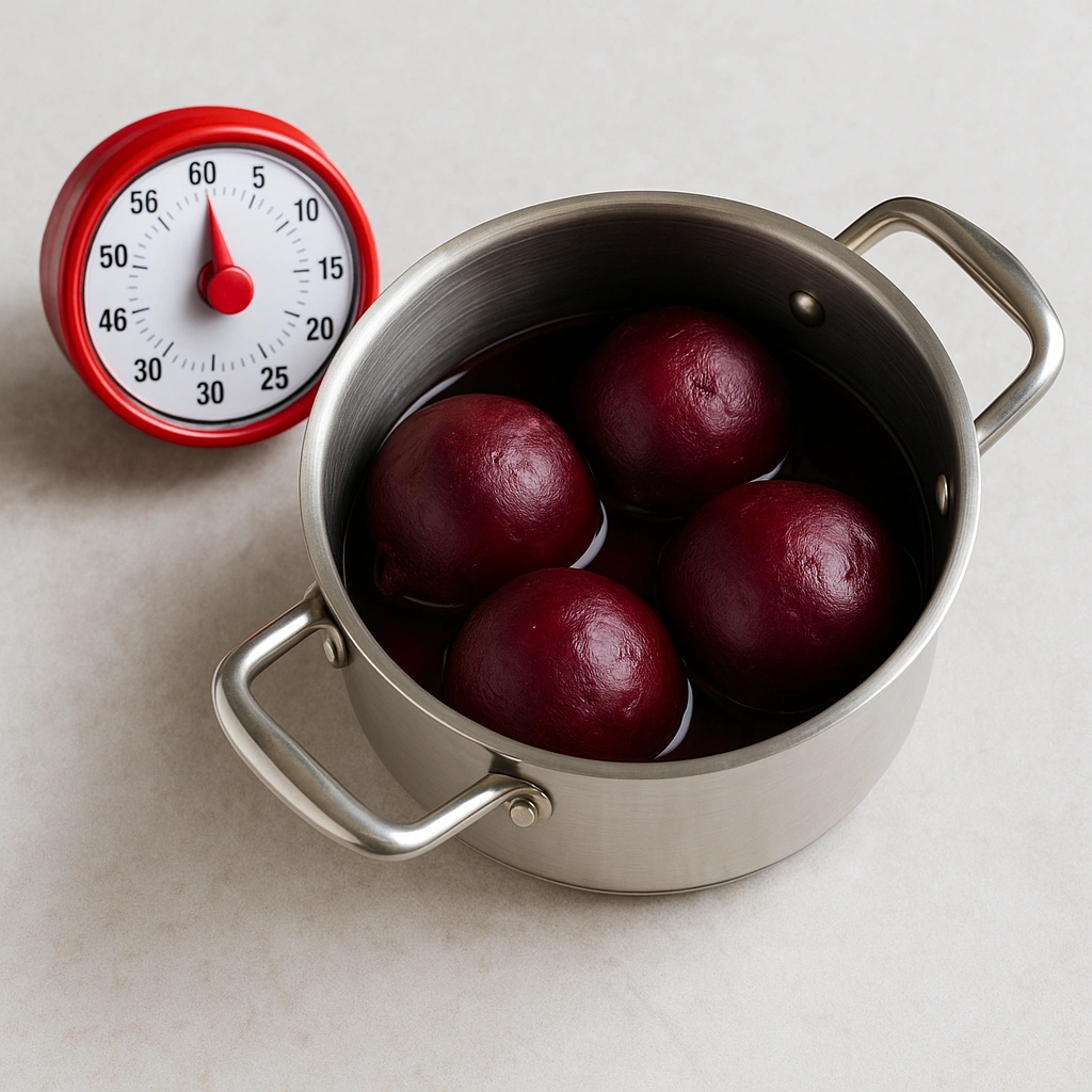Каструля з вареним буряком і кухонним таймером