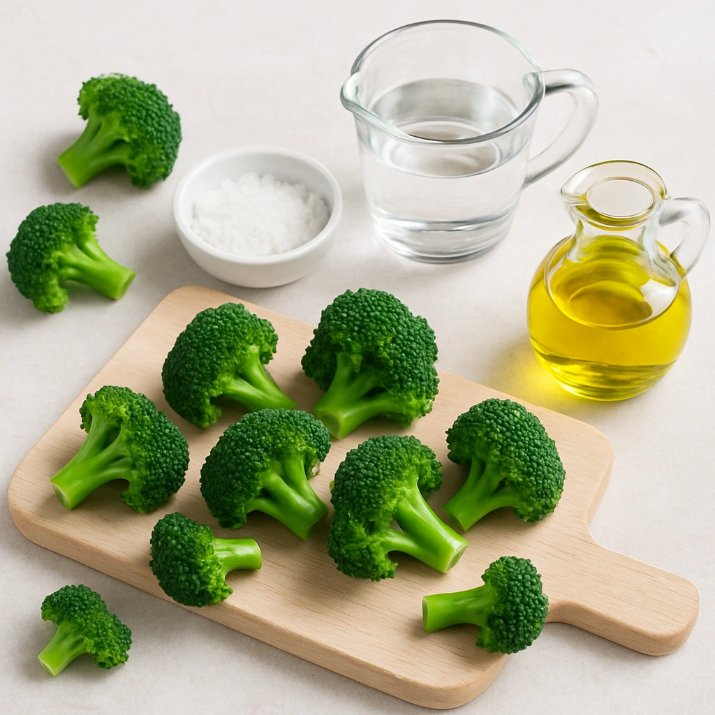 Свіжа броколі з сіллю, водою та оливковою олією