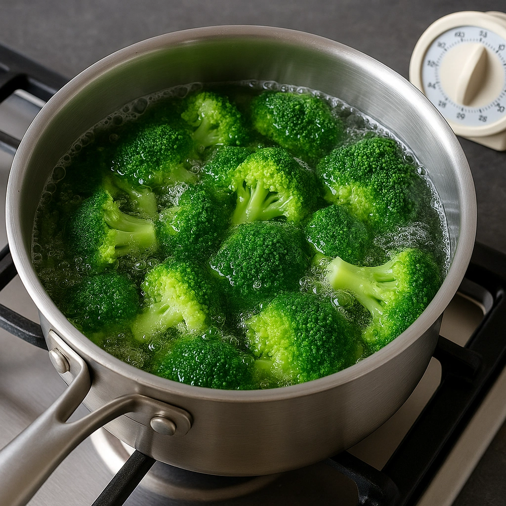 Броколі у киплячій воді в каструлі з таймером