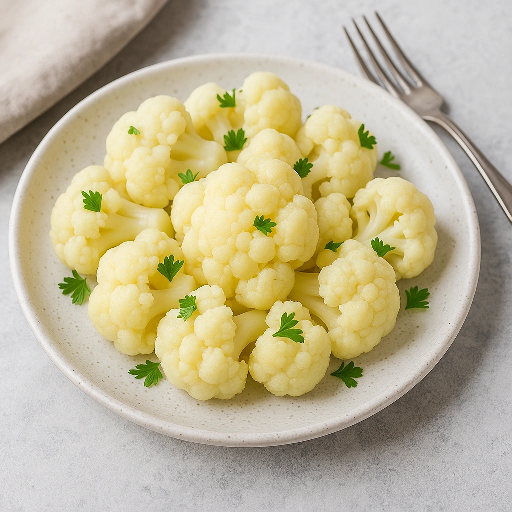 Відварена цвітна капуста на тарілці з зеленню — фото