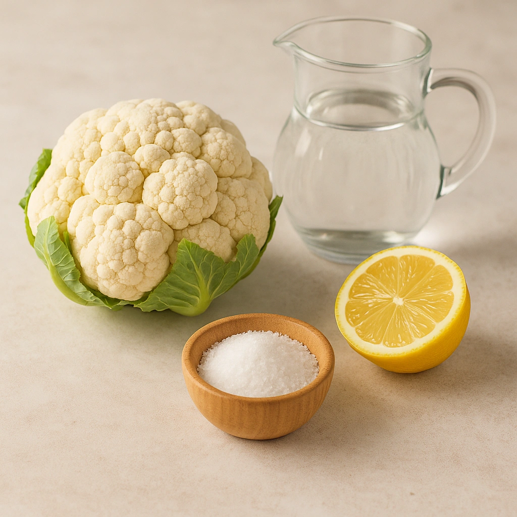 Інгредієнти для варіння цвітної капусти — качан, лимон, сіль і вода