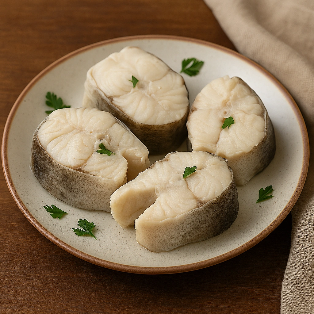 Відварені шматочки хека на тарілці з зеленню