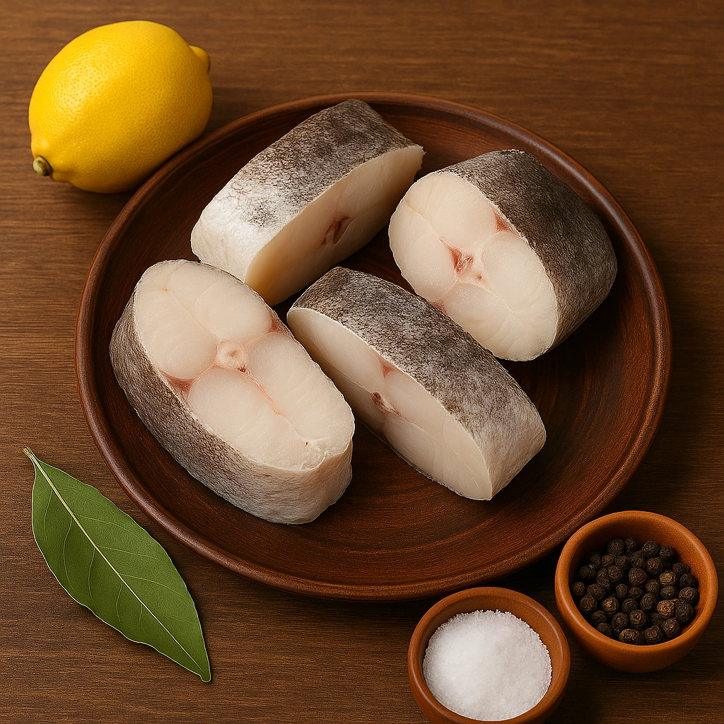 Свіжі шматочки хека з лимоном і спеціями