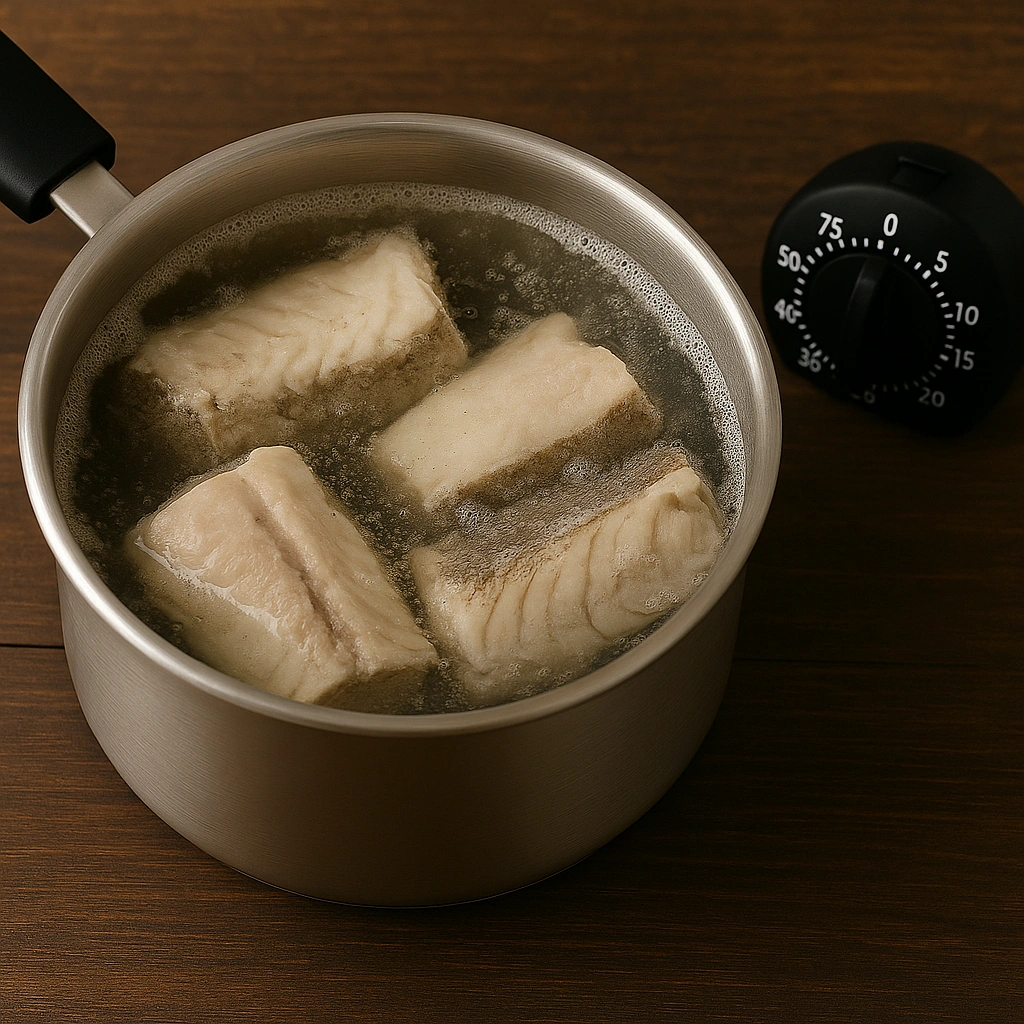 Шматочки хека у каструлі з водою під час варіння і кухонним таймером