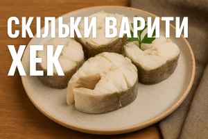Відварений хек шматочками з написом «СКІЛЬКИ ВАРИТИ ХЕК»