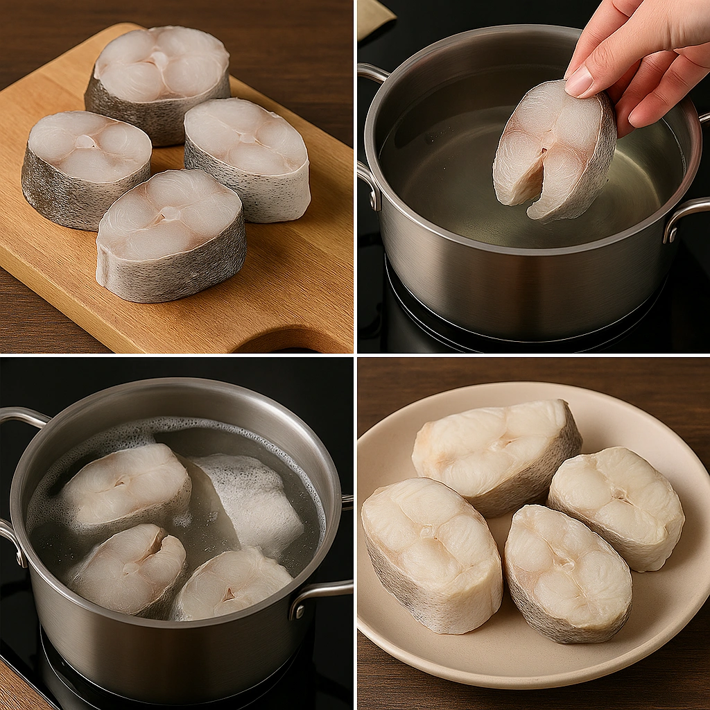 Процес варіння шматочків хека у 4 кроках