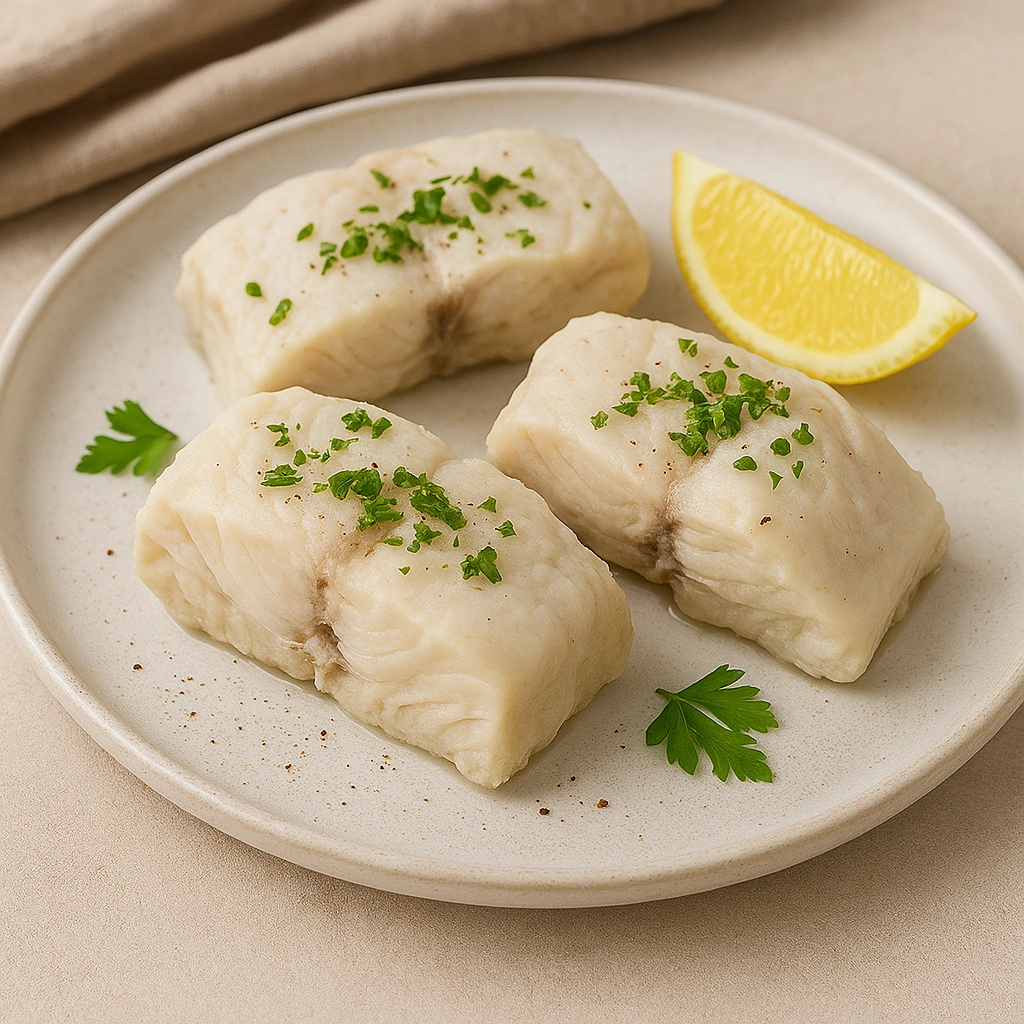 Відварені шматочки хека з лимоном і зеленню на тарілці