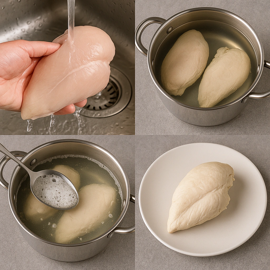 Етапи приготування курячого філе: промивання, варіння, зняття піни, готове м’ясо